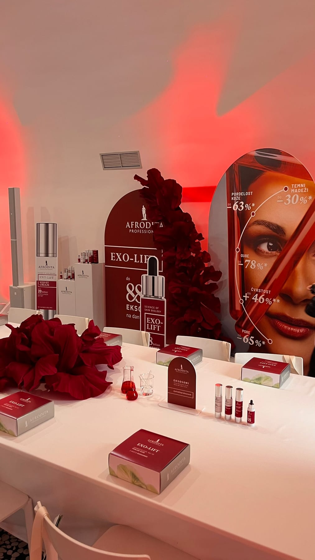 EXO-LIFT postavitev Afrodita Professional — brandiran plakat, model panel in cvetlični aranžma v 369 Place Ljubljana